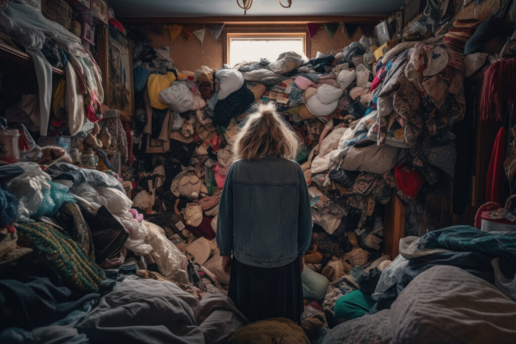 Woman hoarder looking at a room piled with clothing, Adobe Generative AI Stock Image